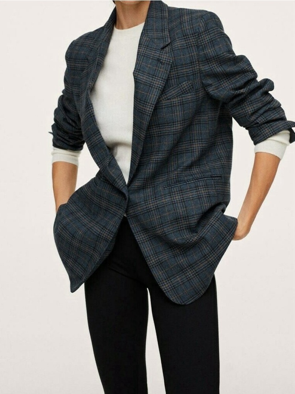 MANGO Paola Blue Plaid Wool Blend Blazer Jacket Women’s S NWT